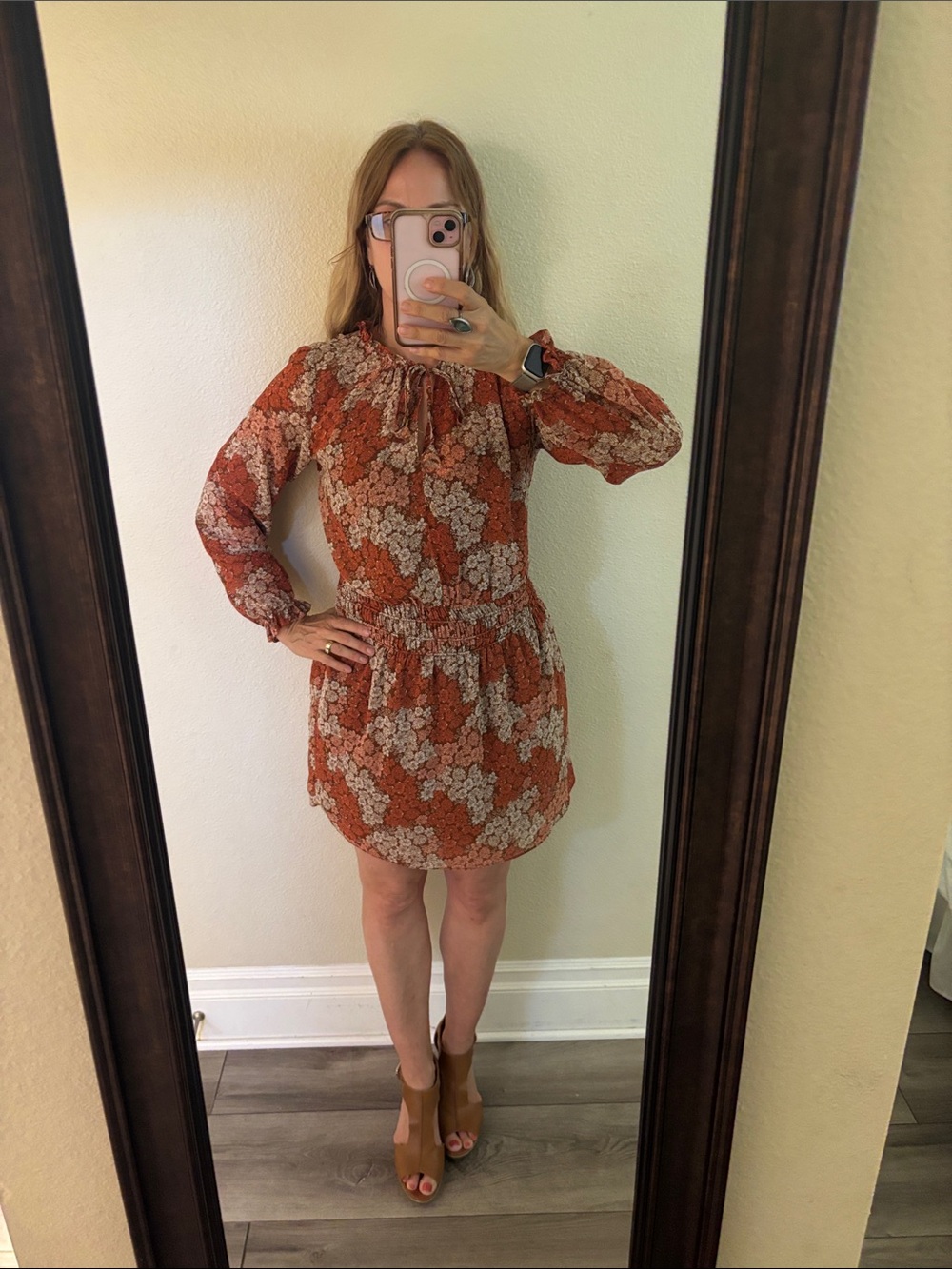 Socialite Rust Floral Mini Dress with Long Sleeves